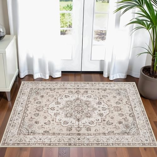 Washable 2x3 Entryway Area Rug: Vintage Non-Slip Backing Rugs for Kitchen Bathroom Water Resistant Carpet for Bedroom Soft Low Pile Front Door Mat for Dining Room 2x3 Cream/Beige - color: Cream Beige, size: 2' x 3' (Rectangular)