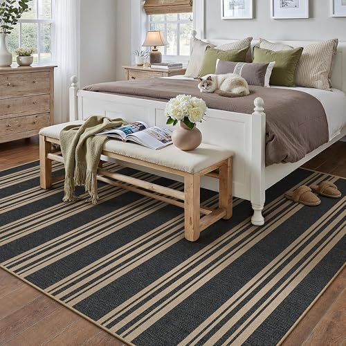 PureCozy Striped Easy Jute Rug 6x9 Black Living Room Carpet Washable Non Slip Bedroom Rug Farmhouse Neutral Non Shedding Indoor Outdoor Large Carpet for Dining Room Under Table Office - color: Black/Striped, size: 6' x 9' (Rectangular)