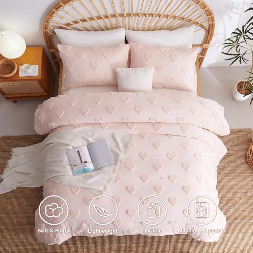 Boho Tufted Comforter Set Queen Size Pink Heart Tufted Textured Bedding Set 3 Pieces Farmhouse Shabby Chic Embroidery Bed Set Soft Jacquard Comforter for All Season with 2 Pillowcases - color: Pink Heart, size: Queen (90"x90")