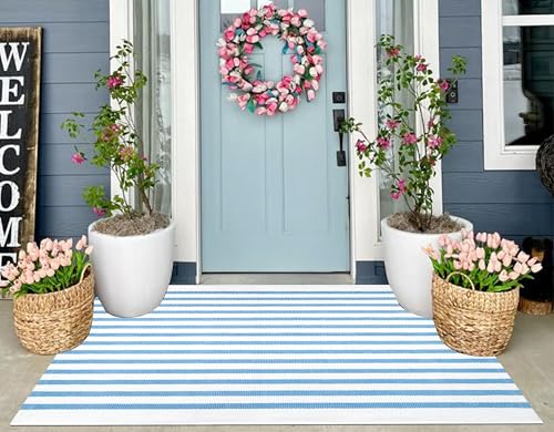 Light Blue and White Outdoor Rug 3'x5',Machine Washable Striped Porch Rug Cotton Woven Farmhouse Front Door Mats for Porch/Entryway/Home Entrance Decor/Bedroom/Laundry Room/Patio/Front Door - color: Blue White, size: 3' x 5' (Rectangular)