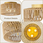 12.6" Rattan Flush Mount Ceiling Light Fixtures, 3-Light Boho Light Fixture Rattan Hand-Woven Chandelier Close to Ceiling Light Fixture for Bedroom Hallway Kitchen Dining Room Nursery(Brown) - color: 12.6”Brown