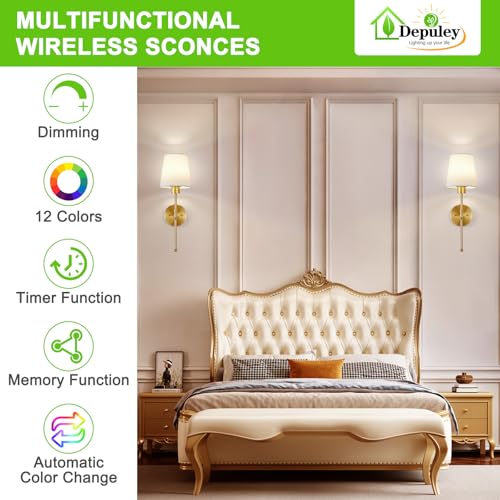 Depuley Battery Operated Wall Sconce: Set of 2 19.99" Wireless Wall Lights with Remote for Bedroom - Rechargeable 15 Colors Gold Wall Lamp for Living Room Hallway Decor - color: Gold, size: 19.9 Inch