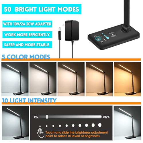 LED Desk Lamp with Wireless Charger, USB Charging Port, 10 Brightness, 5 Color Modes, Desk Lamps for Home Office, Dimmable Table Lamp Eye Caring Reading Light, Touch Control, Auto Timer, Black - color: Black, size: PRO
