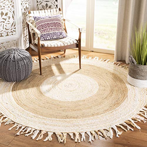 SAFAVIEH Cape Cod Collection 3' Round Beige / Natural CAP701B Handmade Boho Fringe Jute & Cotton Area Rug - color: Beige/Natural, size: 3' (Round)