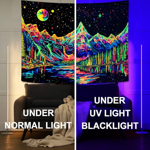 Zussun Blacklight Mountain Forest Tapestry for Bedroom Aesthetic Hippie Pine Tree River Lake Tapestries Wall Hanging Glow in The Dark Moon and Stars Wall Tapestry for Living Room Dorm 48 × 36 Inch - color: Colorful Mountain, size: 48"L x 36"W