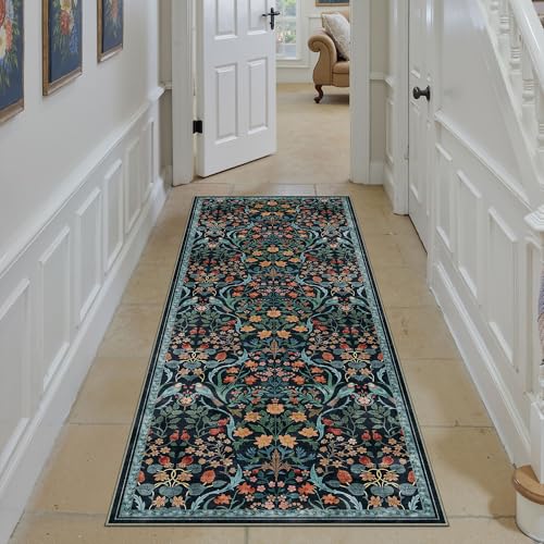2x6 Washable Runner Rug for Hallway Dark Blue Floral Vintage Non Slip Low Pile Thin Rug Soft Lightweight Stain Resistance Runner Kitchen Bathroom Living Room Entrance Beside Bed Home Decor - color: Floral | Blue, size: 2'x6'