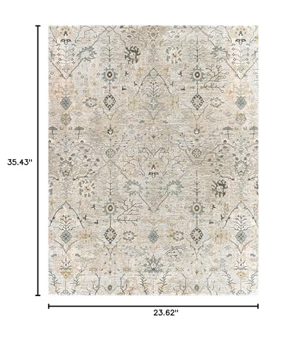 Hauteloom Octavia Living Room, Bedroom Area Rug - Floral Medallion Distressed Border Botanical - Traditional Oushak Oriental Transitional Turkish - Medium Gray, Beige, Taupe, Gray, Cream - 2' x 2'11" - color: Medium Gray, Beige, Taupe / Barkisland, size:
