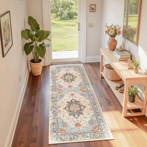 RELEANY Area Rugs Runner 2'x6' Washable Non-Slip, Floral Vintage Distress Medallion Carpet for Kitchen Hallway Bedroom Beside Laundry Room Bathroom, Beige Navy Blue Orange Colorful - color: Beige/Blue/Orange, size: 2' X 6' (Runner)