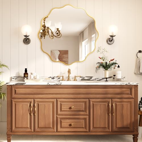 Kelly Miller 36 Inch Gold Round Wavy Mirror, Large Scalloped Edge Decorative Wall Mirror for Bathroom Bedroom Living Room Entryway Vanity Fireplace - size: 36"L x 36"W