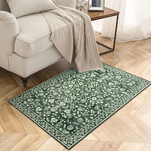 Vintage Entryway Rug Indoor, Forest Green Washable Rug 2x3, Small Area Rug with Non-Slip Backing, Floral Print Thin Faux Wool Super Soft Door Mat for Kitchen, Entrance, Bedroom, Office - color: Forest Green, size: 2' x 3' (Rectangular)
