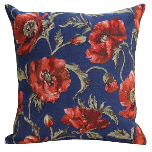 Charlotte Home Furnishings Inc Premium 18x18 Decorative Throw Pillow Cover, Coquelicots Blue Floral Tapestry Cushion Cover, Cotton Jacquard Woven Pillow Cover for Couch, Sofa, Living Room Decor - color: Coquelicots Blue