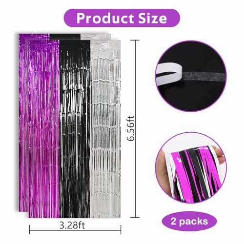 TONIFUL Black Silver Hot Pink Door Streamers,Black and Pink Photo Booth Backdrop Metallic Streamers Foil Fringe Curtain for Birthday,New Year,Graduation,Grad,Baby Shower Party Streamers Decoration - color: Black Silver Rose Red