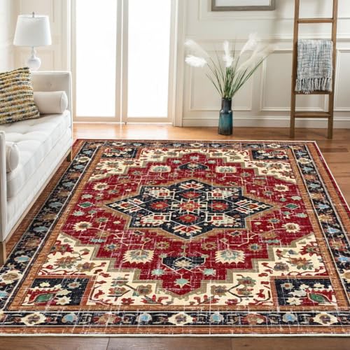 Boho Vintage Collection Tribal Area Rugs,Bohemia Distressed Medallion Farmhouse Indoor Floor Carpet Non-Slip Low Pile Washable Oriental Throw Accent Rug for Bedroom Living Dining Room 3' X 5' - color: Red/Multi, size: 3' X 5'
