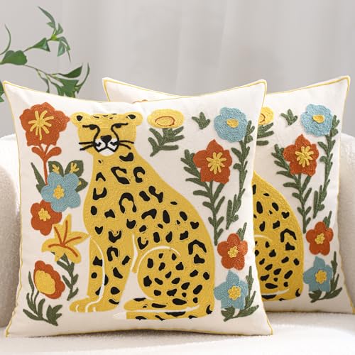 Embroidered Throw Pillow Covers 18x18 Pack of 2 Yellow Leopard Pillow Covers Green Leaves with Floral Pillowcases Boho Pillow Cushion Cases Square Flower Pillowcase Summer Home Decor - color: Yellow Leopard