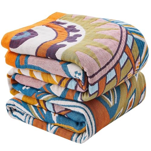 Boho Blanket Soft Muslin BohoThrow Blanket, 100% Cotton Floral Printed Farmhouse Decor All Season Reversible Rustic Throw for Sofa Couch Chair (Orange, 80"x90") - color: Orange, size: 80"x90"