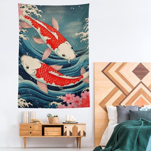 QEOPGNE Large Wall Tapestry Koi Fish Japanese Great Waves Cherry Blossom Retro Flags Tapestry for Room Living Room Wall Decor Large Wall Art Tapestries 60"x90" - color: Style, size: 90L" x 60W"