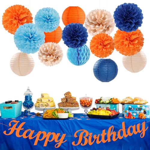 Navy-Blue Orange Champagne Party-Decorations Paper-Flowers - 15pcs Fall Birthday Baby Bridal Shower Tissue Pom Poms Lanterns Streamers Honeycomb, Wedding Bachelorette Hanging Supplies Decor Hugfond - color: Navy Orange Pink