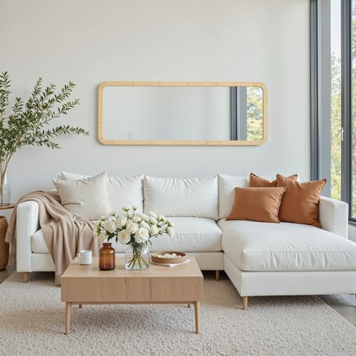 Rattan Mirror 18"x48" Rectangle Long Full Length Mirror Farmhouse Wicker Wooden Framed Full Body Floor Mirror Lean Against Wall for Bathroom Entryway Living Room Bedroom Fireplace Nature - size: 48"L x 18"W