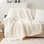 Battilo Chunky Knit Throw Blanket for Couch, Hand Made Chenille Throw Blanket, Super Soft Warm Cozy Cream White Blanket for Bed, Sofa, Living Room, 50"x60" - color: Cream White