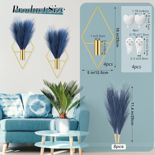 Hanaive 4 Sets Boho Wall Decoration Metal Wall Art Hanging Planters with Artificial Pampas Display Modern Home Vase for Bedroom Home Office (Soft,Dark Blue) - color: Dark Blue, style: Soft