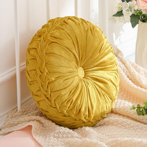 Drydiet 1 Pcs Round Throw Velvet Pillows Decorative Pleated Throw Pillows Diameter Accent Pumpkin Boho Chair Cushion for Couch Sofa Home Decoration (Golden Mustard,15'') - color: Golden Mustard, size: 15''