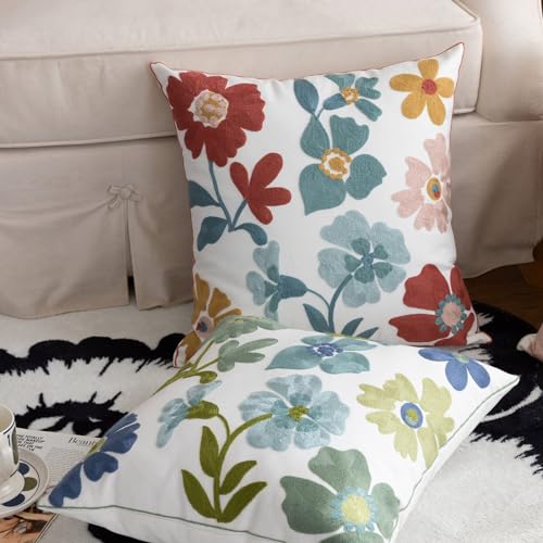 YIcabinet Pack of 2 Throw Pillow Covers,Embroidered Flower Pillow Case Soft Square Decorative Pillowcases for Home Sofa Couch 18x18 Inch - color: White04