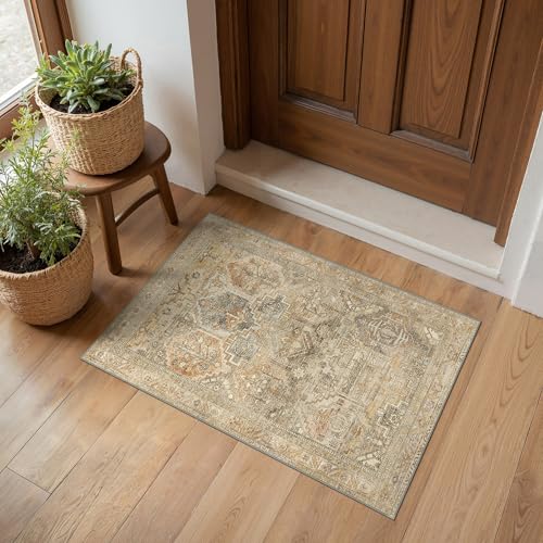 Bavni 2x3 Entryway Rug Bathroom Rugs for Front Door Bedroom Bathroom Kitchen, Washable Vintage Print Carpet, Ultra-Thin Chenille Lightweight Rug with Non Slip Backing, Wood - color: Apricot/Wood, size: 2' x 3' (Rectangular)