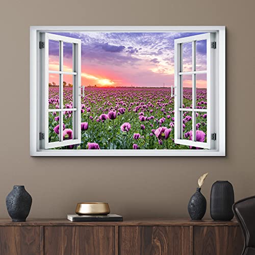 wall26 Canvas Print Wall Art Window View Sunset Purple Orchid Daisy Flower Field Wilderness Nature Photography Realism Scenic Landscape Colorful Multicolor for Living Room, Bedroom, Office - 12"x18" - color: A001-2204-yui12, size: 18"L x 12"W