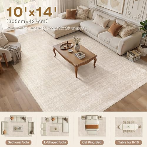 Nakagishi 10x14 Area Rugs Living Room: Washable Large Vintage Rug Neutral Non-Slip Soft Stain Resistant Indoor Carpet for Bedroom Nursery Dining Room Office Playroom - Beige - color: Beige, size: 10' x 14' (Rectangular)
