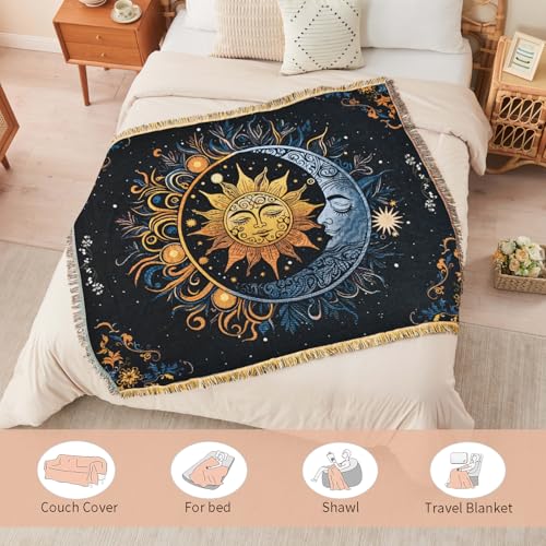 Boho Throw Blanket Reversible Cotton Bohemian Tapestry Hippie Room Decor Outdoor Blanket Double Sided (Black Sun Moon 50"x60") - color: Black Sun Moon, size: 50*60 inch