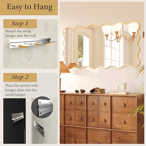 Kelly Miller 28x50 Inch Gold Scalloped Mirror, Large Rectangular Wavy Edge Bathroom Vanity Wall Mirror Decorative for Bedroom Living Room Entryway Fireplace Mantle - size: 50"L x 28"W