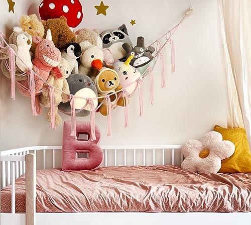 Stuffed Animal Storage Hammock Corner Net - Pink Room Christmas Decor for Teen Girls - Toys Storage Hanging Stuff Animal Organizer Holder Cute Stuff - Boho Nursery Dorm Bedoom Decor Aesthetic - color: BabyPink, size: Standard(41.5"L x 55.2"W x 41.5"H)