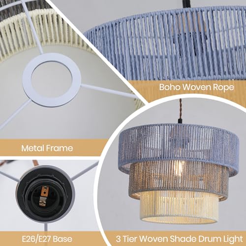 Boho Rattan Lamp Shade in Pastel Blue Gray & White, 3-Tier Drum Style Replacement Shade for Pendant, Chandelier, Floor Lamp, Rustic Hand-Woven Cover for Living Room, Kitchen, Bedroom, Office - size: style C