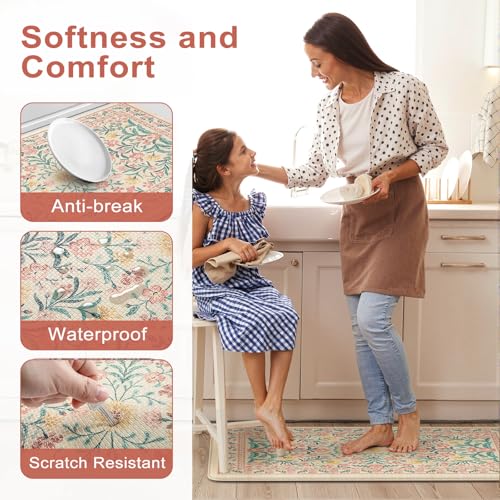 Collive Kitchen Mats for Floor, Cushioned Anti Fatigue Mat Non Skid Waterproof Kitchen Rugs Set of 2, Modern Floral Comfort Standing Rug for Home, Office, Sink, Laundry, 17"x29"+17"x47", Pink - color: Pink, size: 17.3"x47"+17.3"x29"