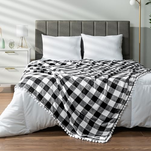 PAVILIA Black White Fleece Throw Blanket for Couch with Pom Pom Fringe, Buffalo Checkered Plaid, Soft Cozy Fuzzy Flannel Blanket for Sofa Bed, Lightweight Plush All Season Throw, 50x60 Inches - color: Checkered White, size: 50"x60"