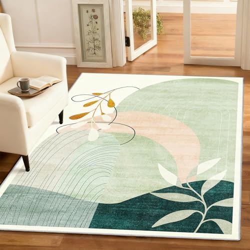 MUJOO 3x5 Washable Rugs,Boho Large Area Rug for Entryway Kitchen Entry Bedroom Bedside Foyer,Small Throw Carpet Indoor Non Slip Mid Century Modern Abstract Botanical Geometric Accent Green - color: Green（modern）, size: 3' x 5' (Rectangular)