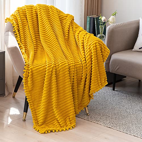 DISSA Fleece Blanket Queen Size – 90x90, Yellow - Soft, Plush, Fluffy, Fuzzy, Warm, Cozy – Perfect Throw for Couch, Bed, Sofa - with Pompom Fringe - Flannel Blanket - color: Yellow, size: 90x90"