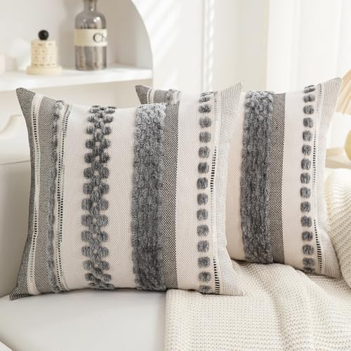 Boho Throw Pillow Covers 18x18 Set of 2 for Couch-Modern Farmhouse Sofa Decorative Grey Throw Pillows Covers Textured Chenille Cushion Covers Outdoor Netural Bohemian Pillow Cases Square - color: Gray Stripe