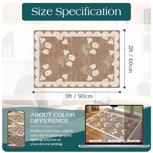 Front Door Mat Outside Entrance - 2x3 Floral Non-Slip Washable Doormat Indoor Outdoor Mat Tan Neutral Farmhouse Scalloped Entry Rug Small Throw Rugs for Entryway Kitchen Front Porch Decor - color: Flower - Brown, size: 2' x 3' (Rectangular)