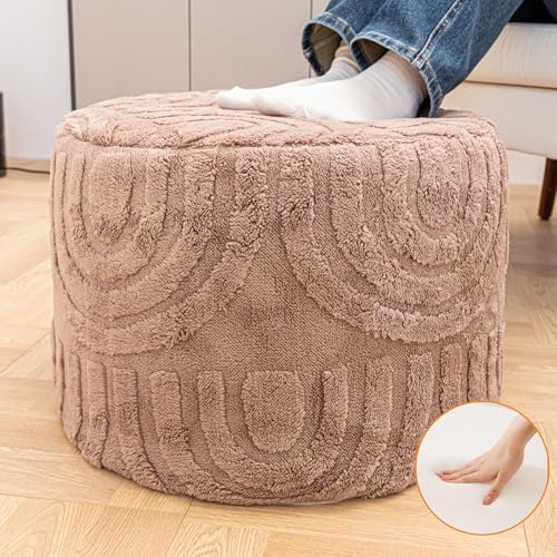 Round Plush Ottoman Pouf Stuffed– Fluffy Ottoman Foot Rest with Modern Foam Filler 20" x 14" Cozy Floor Pouf for Living Room & Bedroom - color: Coffee