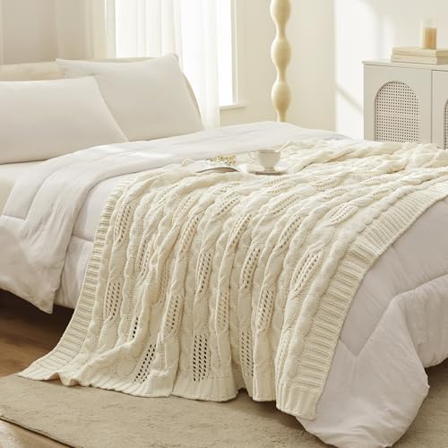 Amélie Home Chunky Knit Throw Blanket, Dual-Sided Soft Chenille Breathable Cable Knitted Blanket for Couch, Farmhouse Decorative Throw for Sofa & Chair, 60"x80", Ivory - color: Ivory, size: Cable Knit 60"x80"