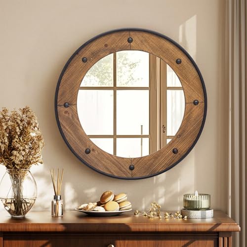 Rustic Round Wall Mirror 24 Inch, Natural Wood Frame with Black Metal Trim, Industrial Farmhouse Style Wall Mirror with Decorative Nailhead Accents for Bathroom, Living Room, or Entryway