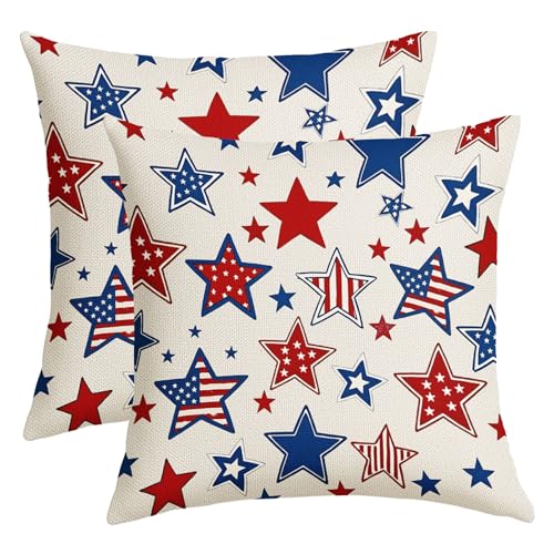 4th of July Star Pillow Covers 20x20 Inch Red Blue Amarican Flag Patriotic Throw Pillows For Couch Soft Durable Cushion Covers Independence Memorial Day Pillow Cases for Bed Sofa Decor Set of 2 - color: 4th of July-blue Red Star, size: 20" x 20" (Pack of