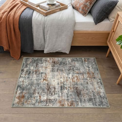 Lansny Abstract Small Area Rug 2x3 Entryway Rugs Washable Door Mat Entrance, Non Slip Kitchen Rugs, Rubber Backed Throw Rug Printed Faux Wool Floor Carpet for Front Door Foyer Entry Sink, Grey/Multi - color: Orange Grey Multi, size: 2' x 3' (Rectangular)