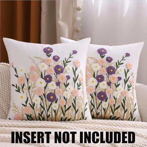 Embroidered Throw Pillow Covers 18x18 Pack of 2 Floral Pillow Covers Farmhouse Pillowcases Outdoor Garden Cushion Case Summer Decorations for Home (Purple and Pink Flower) - color: Purple-pink Flower