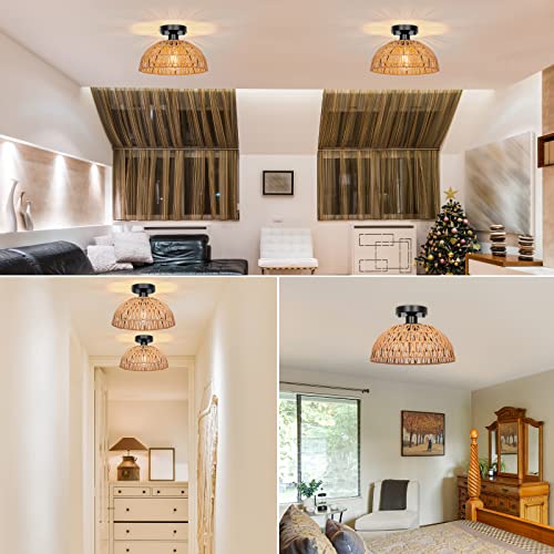 12.2" Rattan Ceiling Light Fixtures 2 Packs, Rustic Woven Basket Flush Mount Ceiling Light, Handmade Wicker Ceiling Lamp, Rattan Chandelier For Kitchen Island, Hallway, Living Room, Bedroom, E26 Base - color: Brown