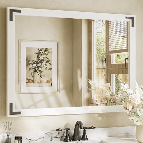 TETOTE 40 x 30 White Wood Framed Mirror for Bathroom Wall/Bedroom/Living Room/Entryway Farmhouse Rustic Bathroom Vanity Mirror Waterproof (Horizontal/Vertical Mounted) - color: White Wood, size: 30"L x 40"W