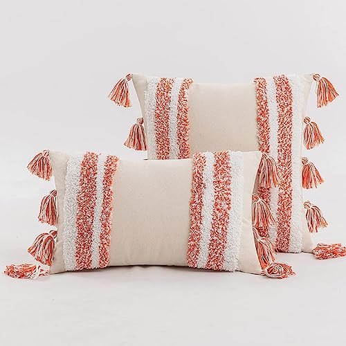 Boho Tufted Throw Pillow with Tassels, Country Thick Striped Style Soft Cushion Cover Decor wuth Zipper for Chair Bed Couch Living Room (Orange,12" x 20") - color: Orange, size: 12" x 20"