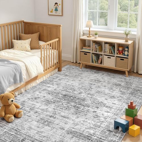 Washable Area Rugs 5x7, Soft Large 5x7 Rugs for Living Room Non-Slip Vintage Black Grey Indoor Carpet Stain Resistant Rugs for Dining Room Bedroom Nursery Kid & Pet Friendly - color: Black Grey, size: 5' x 7' (Rectangular)
