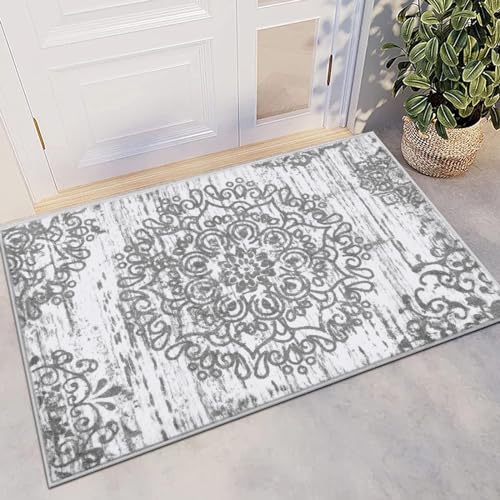 HEBE Indoor Door Mat 2'x3', Washable Distressed Boho Small Area Rug, Non Slip Vintage Accent Throw Rug Floor Carpet for Door Entrance, Entryway, Kitchen, Bathroom - color: Grey, size: 2' x 3' (Rectangular)
